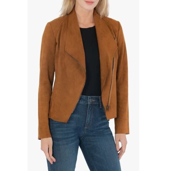 KUT FROM THE KLOTH NEW $89 Carina Faux Suede Drape Moto Jacket Brandy Small - Picture 4 of 7